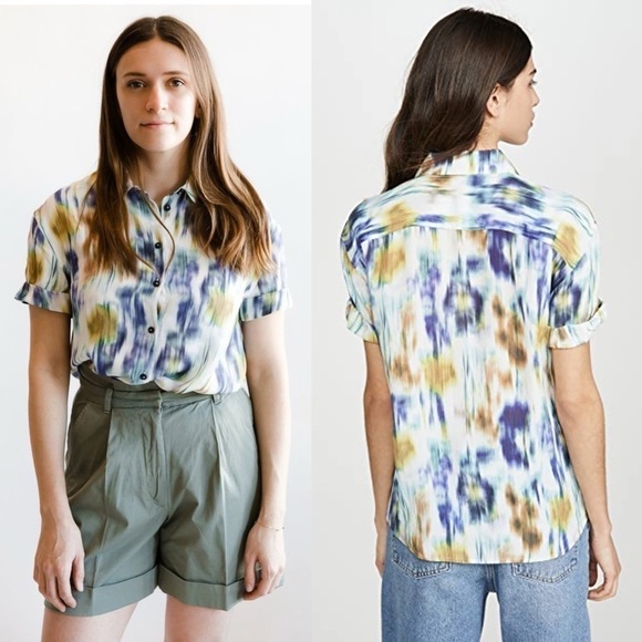 BAUM UND PFERDGARTEN Silk Blend Abstract Print Cuff Short Sleeve Button Up Top 2 - Picture 2 of 13